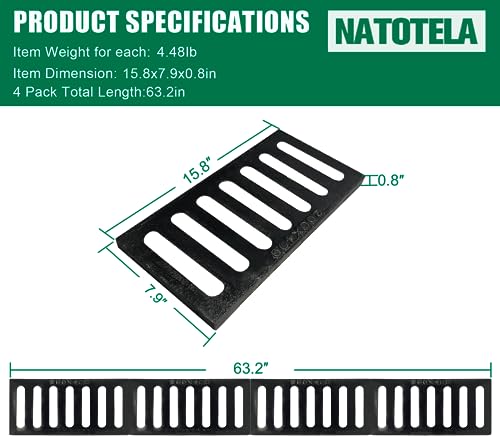 Image of Pedestrian 4 Pack 16x8in Ductile Iron Trench Drain Grate | Durable Metal Anti Corrosion A15 Cast Iron Channel Outdoor Channel Drainage Cover Downspout Sewer Yard Fence Basement