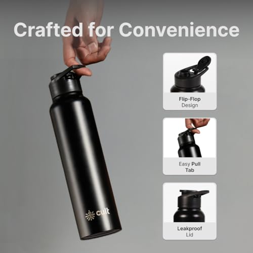 Image of CULT Steel Water Bottle 1 Ltr - Stainless Steel Water Bottle for School Kids, Men & Women | Leakproof Gym Sipper & Metal Fridge Bottle | Insulated 1 Litre Flask for Office & Travel (Black)