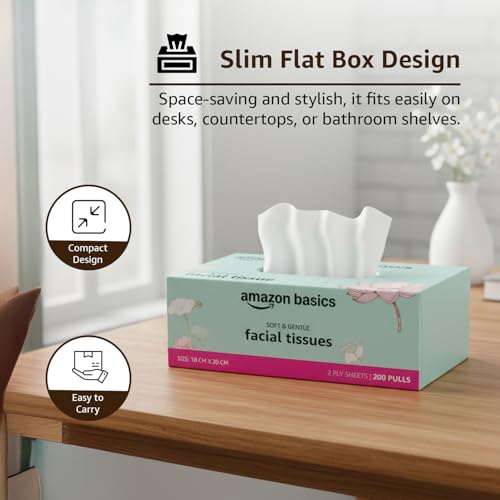 Image of Amazon brand- Amazon Basics 2-Ply Facial Tissue paper 1200 pulls | 200 pulls x Pack of 6| Soft, Absorbent & Gentle| Chemical-Free