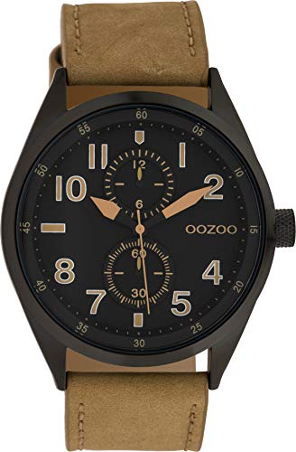 Preisvergleich Produktbild Oozoo Herrenuhr mit Lederband 42 MM Black / Schwarz / Camel C10027