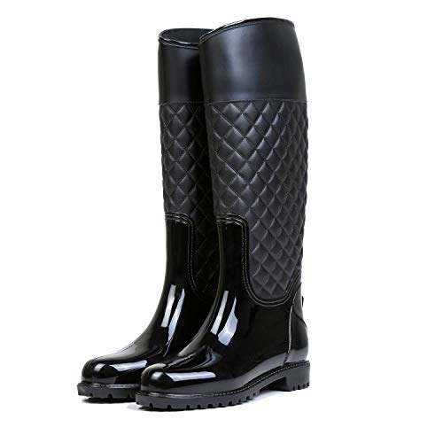 AONEGOLD Women Wellington Boots Knee High Rain Boots Waterproof Warm with Soft Villi Spliced Rainshoes(Black,4 UK)