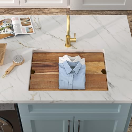Image of 24 inchx18 inch Undermount Laundry Utility Sink Workstation - Brushed Gold NANO-PVD, 16 Gauge 304 Stainless Steel, 12 Inch Deep Single Bowl Basin for Laundry Room, RV or Utility Use
