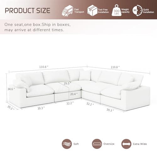 Image of Cloud Modular Sectional Sofa,211.6 inch Down Filled Sofa 5 Seat with Chaise,Minimalist Sofa Cover Washable and Replaceable Couches for Living Room,Sectional Sofa Deep Seat White