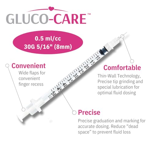 Image of GLUCO-CARE 0.5 ml /cc Syringes 30G x 5 /16'' (8mm), 100 /box | Fine Tip, Home & Lab Use, Clear Barrel, Bold Scale, Smooth Plunger Movement with back-end stopper, Leak-Proof Design
