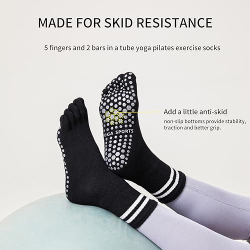 3Pairs Grippy Yoga Socks for Women – Full Toe Cotton Crew Pilates Socks with Non Slip Sticky Grip Bottom,Gifts for Yoga,Barre,Pilates,Dance,Exercises and indoor walking.(Black/Grey/White)3