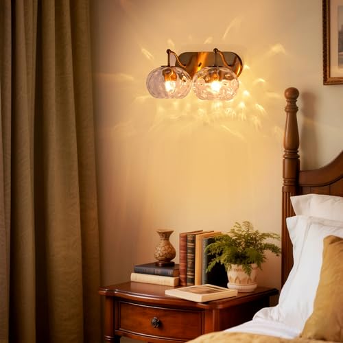 Image of Brushed Gold Vanity Light Clear Hammered Glass Wall Sconce 2-Light Brass Wall Lamp for Hallway Living Room Stairwell Bathroom Over Mirror