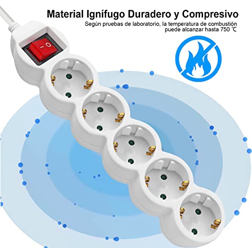 Miniatura 4 de Extrastar Regleta Alargador De 5 Metros Con 5 Enchufes E Interruptor, Para El Hogar, Oficina Y Viajes, Blanco 1pc