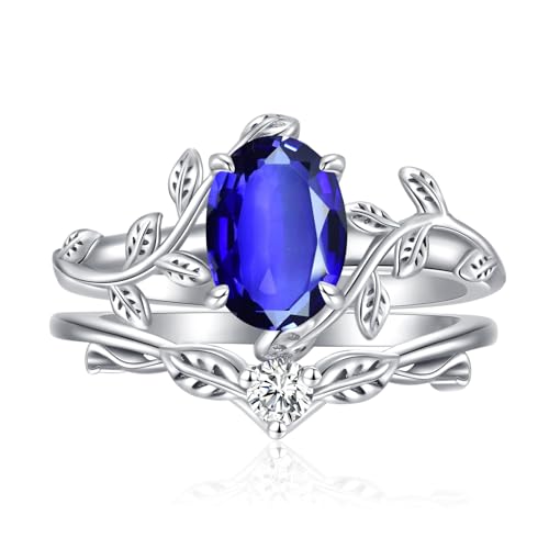 Oval Shaped Gemstone Engagement Rings Set for Women 925 Sterling Silver,8x6 MM Amethyst Leaf Ring Unique Bridal Wedding Rings Size 3-13