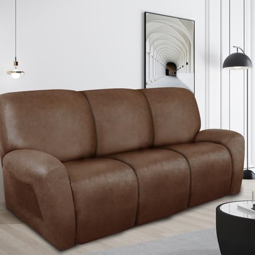 Image of ANARACHON Recliner Couch Cover Leather Look Recliner Sofa Covers for 3 Cushion Reclining Sofa Slipcovers 8-Pieces Furniture Protector Spandex Fabric Washable (3 Seater, 01 Brown)