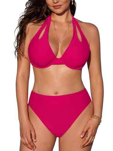 CUPSHE Women's Bikini Sets Large Bust High Waisted Underwire Push Up Bathing Suit Cutouts Halter Strap Back Self Tie