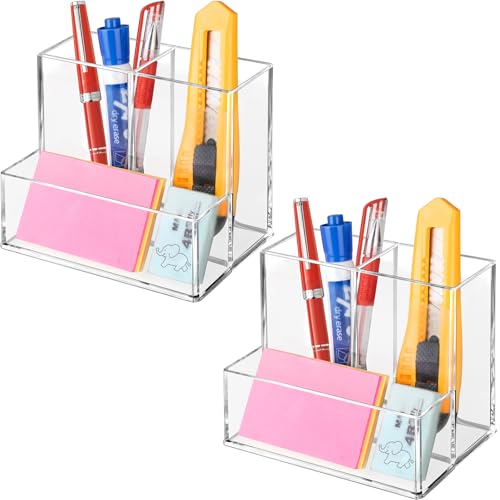 Image of 2 Packs Pen Holder for Desk, Clear Acrylic Pencil Holder for Desk, Marker Holder with 3 Compartments, Pencil Organizer for Home, Office, Classroom, Bathroom