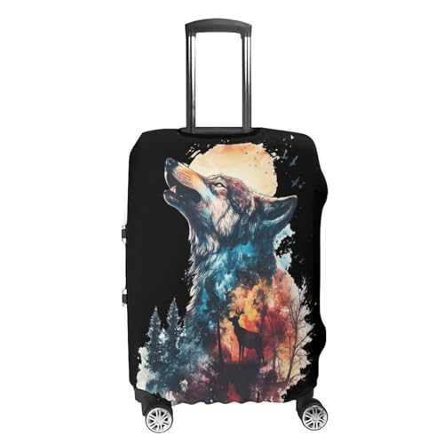 Watercolor Wolf Howling Sunset Forests Deers Luggage Covers Washable Travel Suitcase Cover Elastic Baggage Protector4
