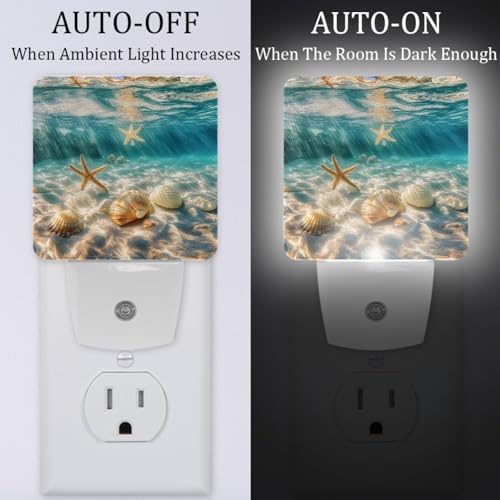Image of NEWzone Starfish Seashells Ocean Night Light Set of 2, Auto Sensor LED Dusk-to-Dawn Nightlights, Plug-in Sensor Lamp for Bedroom Bathroom Kitchen Hallway Stairs Decorative