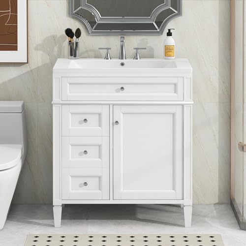 Linique 30\" Bathroom Vanity with Sink Combo Set, Solid Wood Frame Modern Bathroom Storage Cabinet with 2 Drawers and a Tip-Out Drawer, Soft Closing Cabinet Door with Organizer, White