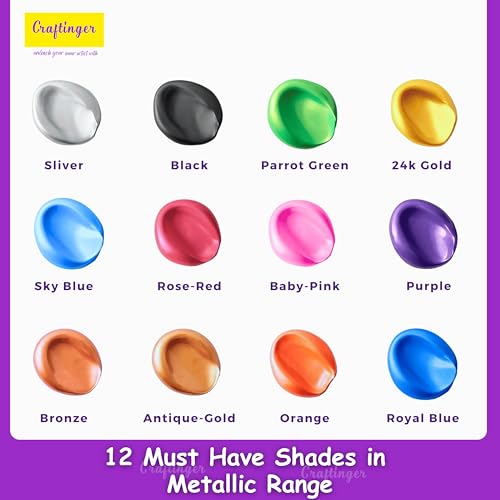 Image of Craftinger 12-Sets Vibrant Metallic Acrylic Shades (30 ml Each) | Rich Shiny Finish | Multi-Surface color for Canvas, Wood, Glass, Metal, Plastic & More | Set for Adults for Artists, students, Children & Hobbyists