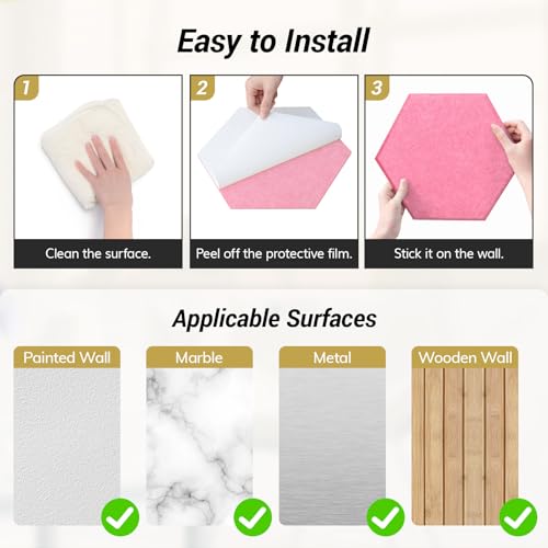 Image of 12 Pack High Density Hexagon Acoustic Panels, TONOR 12 inchx 10 inchx 0.4 inch Soundproof Wall Panels, Sound Absorbing Panels for Interior Wall Decor, Peel and Stick Modern for Studio, Office, Home, Pink
