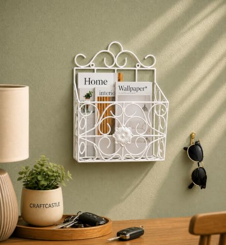 Image of Wall Mounted Hanging File & Magazine Holder - Metal Organizer for Newspapers, Documents & Office Storage | Decorative Rack for Home & Workspace 39x26x10 cm. (White)