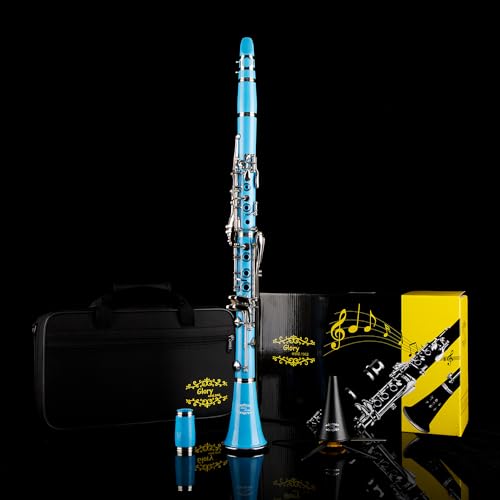 Image of Glory GLY-CLALB Professional Ebonite Bb Clarinet with 10 Reeds, Stand, Hard Case, Cleaning Cloth, Mouthpiece Brush and Pad Brush,Light Blue /Silver