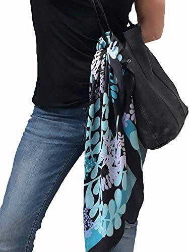 Designer Square Silk Scarf Hand Painted and Printed in Black and Turquoise Blue, Large Neckerchief, Head Shawl, Gift for Lady4
