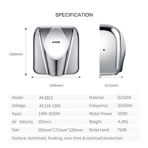 AIKE Commercial Hand Dryer and Automatic Soap Dispenser Combination, Model AK2812 & AK1206 Polished