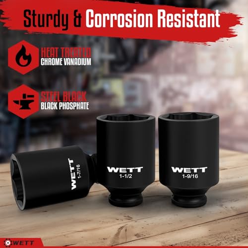Image of WETT 1 /2 inch Drive Deep Large Impact Socket Set, 8-Piece Spindle Axle Nut Large Sockets Set, Standard SAE 6 Point Wheel Wrench Sockets, CR-V Steel, (1-1 /4-Inch-1-3 /4-Inch)