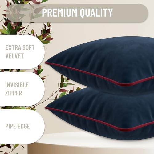 Blau Marité Set of 2 Velvet Throw Pillow Covers with Contrast Piping, Soft Decorative Cushion Covers, Navy Blue and Burgundy - Image 2
