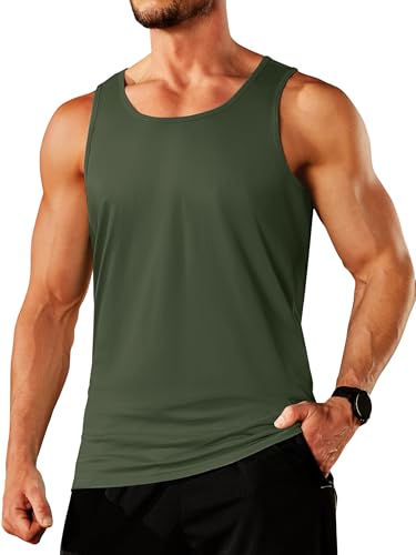 TACVASEN Cotton Tank Top for Men Workout Sleevelees Shirts Athletic Shirt Muscle Gym Stringer Quick Dry Active Tank Tops Army Green S