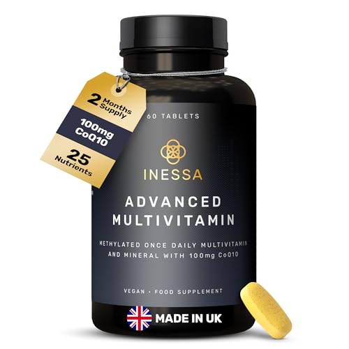 Inessa Multivitamin with CoQ10 100mg, Vitamin D3 2000 IU, K2 100mcg, B Complex, Vitamins A 800mcg, Folic Acid as 5-MTHF 400mcg, Zinc 20mg and Lutein