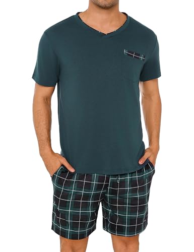 Leversic Pijamas de Verano Hombre 2 Piezas Corto Conjunto de Pijama a Cuadros con Cuello en V Cortos para Dormir con Bolsillos S-3XL(Verde Oscuro,L)