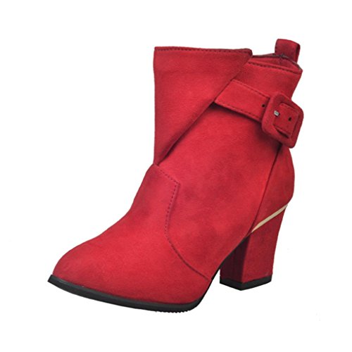 zycShang Donne Fibbie Donne Cintura Faux Caldo Stivali Stivaletto Scarpe Alti Tacco Martin (Red, 41)