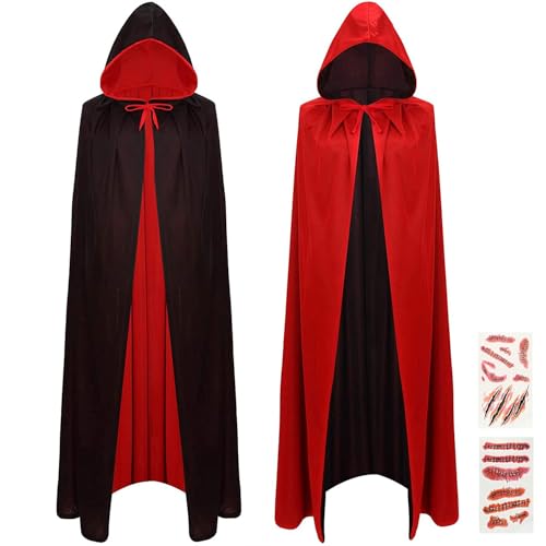 GDLOKFU Capa de Vampiro con Capucha, Capa Dracula Negra y Roja de Doble Cara 150 cm, Disfraz de Vampiro para Adultos y Niños, Accesorio Halloween Cosplay