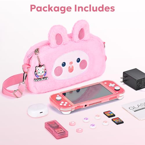Image of innoAura Switch Lite Case 14-in-1 Accessories Bundle for NS Switch Lite (2019), with Protective Carrying Case, Game Holder, Screen Protector & Cute Thumb Grips, Pink Rabbit Plush Bag