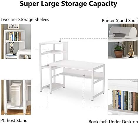 Tribesigns Computer Desk with 4-Tier Storage Shelves, 58 inch Large Industrial Office Desk Study Writing Table Workstation with Bookshelf for Home Office (White)