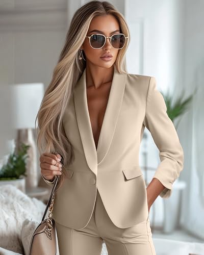 Riyiper Women's 3/4 Sleeve Blazer Open Front Blazer Jackets Casual Outfits Work Office Suit with Pockets(Beige White,L)4