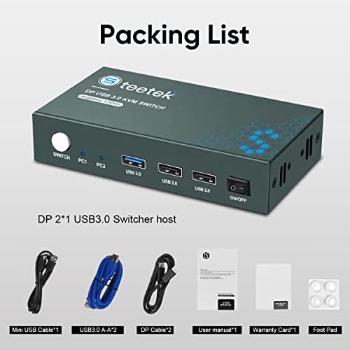 USB3.0 KVM Switch DisplayPort 2 Port,4K@60Hz,USB3.0,DP 1.2,DP KVM 2 PC 1 Monitor Switch,Displayport Switch,mit Kabel,Button Switch,mit Kabel,Metallschale