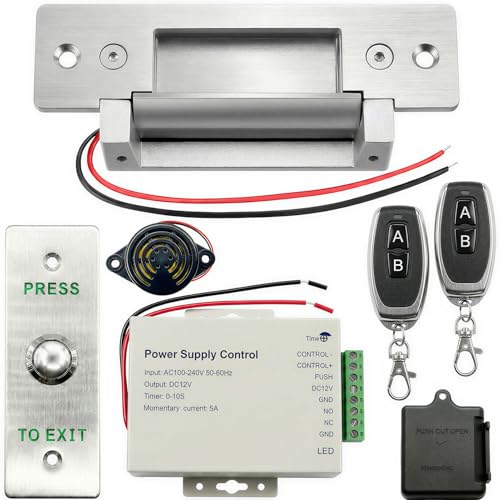 Upgraded Electric Strike Door Lock Kit with Wireless Remote Button & Buzzer Fail-Secure/Fail-Safe Adjustable Access Control System 12V DC NO/NC Door Buzzer Entry fits Cylindrical Mechanical Locks