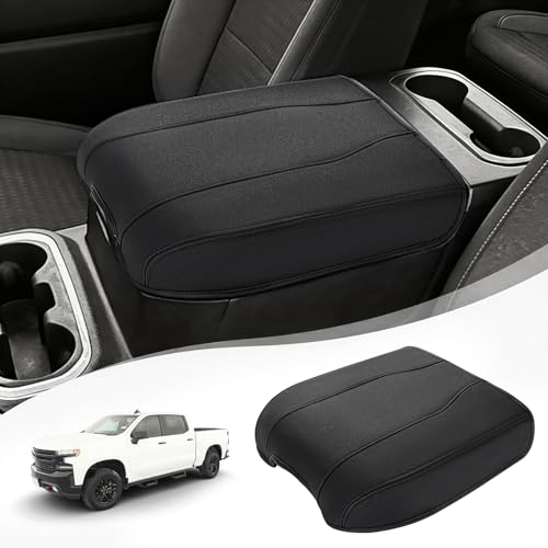 Center Console Armrest Cover for Chevy Chevrolet Silverado 1500/GMC Sierra 2019-2026, Tahoe/Suburban/Yukon 2021-2026, PU Leather Middle Console Lid Protector Cushion Thick Pad Black(Bucket Seat)