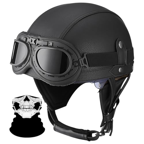 Casco Motocicleta Homologado ECE, Casco Jet Retro de Cuero con Gafas Integradas, Cierre de Liberación Rápida, Unisex para Hombre y Mujer, para Scooter(Q,S=(55~56cm))