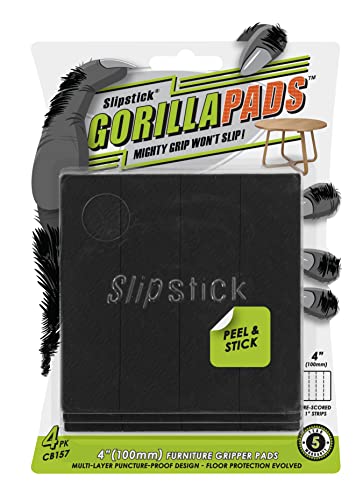 Image of Slipstick GorillaPads Non Slip Furniture Pads /Gripper Feet Floor Protectors (Set of 4) Premium 4 Inch Pre-Scored Square Self Adhesive Rubber Stoppers for Furniture Legs, Black, CB157