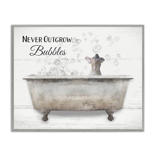 Stupell Industries Never Outgrow Bubbles Bath Dog in Tub Word Design Wall Art, 16 x 20, Grey Framed