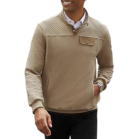 hawalili Mens Button Pullover Quilted Sweatshirt Casual Long Sleeve Mock Neck Sweater Polo with Pocket Khaki X-Large Cover