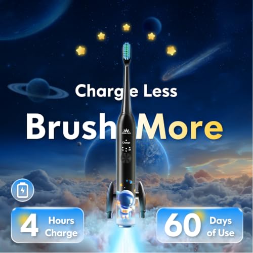 Kids Electric Toothbrush Rechargeable Age 3-5-6-12-18 Year Old, Sonic Toothbrush Kids with Timer 3 Modes 4 Vibrating Heads Habit Stickers Tooth Brush for Girls Boys and Childrens (Astronaut Black)