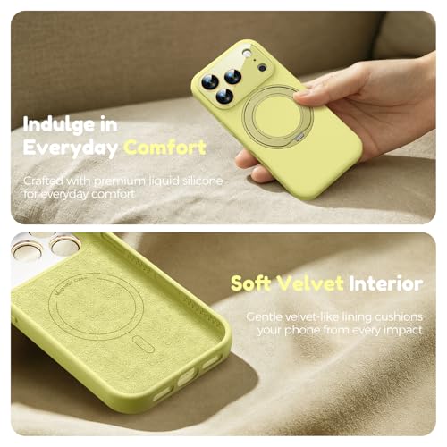 Image of Silicone 360 Spin Magnetic Stand Case for iPhone 17 Pro Max, [Compatible with Mag-Safe][Reinforced Hard Camera Protection] Liquid Silicone Rubber Phone Cover with Ring, Camera Button, Butter Yellow