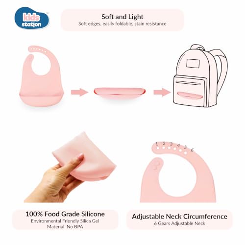 Image of Kids Station Silicone Baby Bib for Feeding & Weaning BPA Free, Soft Adjustable Neckline with Buttons, Washable & Reusable, Ideal for Babies & Toddlers 6 to 36 Months - Pink
