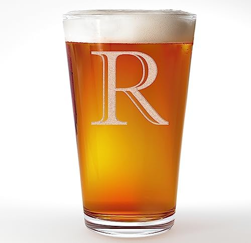 Etched Monogram 16oz Pint Glass for Beer or Soda (Letter R) A-Z Personalized gifts for him, Customized pint glasses, Custom initial, Birthday gift for Men Brother Husband