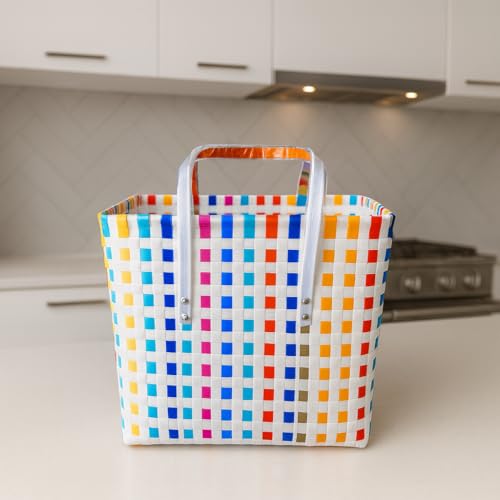 Image of Hand Made Multipurpose Plastic Basket with Lid | Eco-Friendly, Washable, Rust-Free Storage Basket for Kitchen, Picnic, Toys, Travel, Office | Lightweight basket (White with Orange, M)