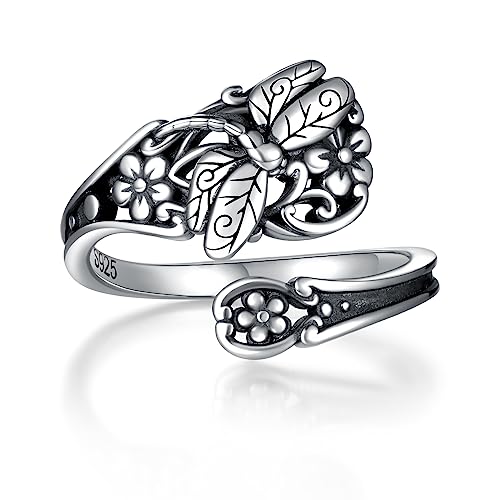 Bague en argent sterling poli au fini antique et gravures lotus de style vintage