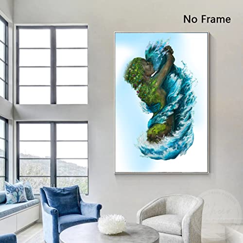 Couple Kiss Wall Art Love Kiss Abstract Hug Painting Sea And Land Couple Kiss Canvas Wall Art Sea Abstract Surrealism Poster Sea And Land Hugging Painting Romantic Lover Fantasy Art 16X24In No Frame #TOP2