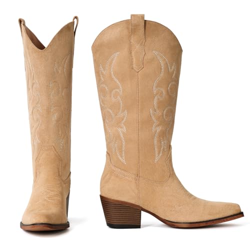Image of IUV Cowboy Boots For Women Western Cowgirl Boots Mid Calf Snip Toe Boot With Chunky Heel