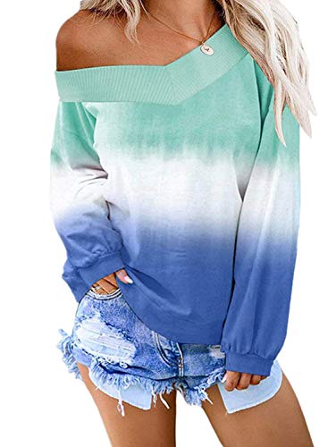 Hotapei Women's Printed Cowl Neck Off Shoulder Long Sleeve Sweatshirts Casual Loose Pullover Tops Shirts Green Medium